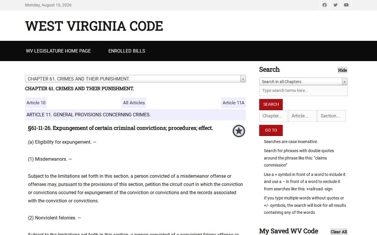 Monongalia County criminal record expungement statute