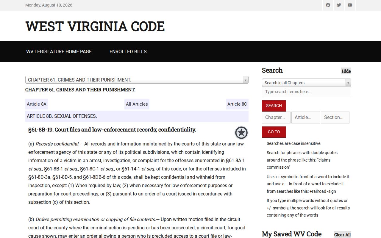 Monongalia County sex offender search victim identity protection law