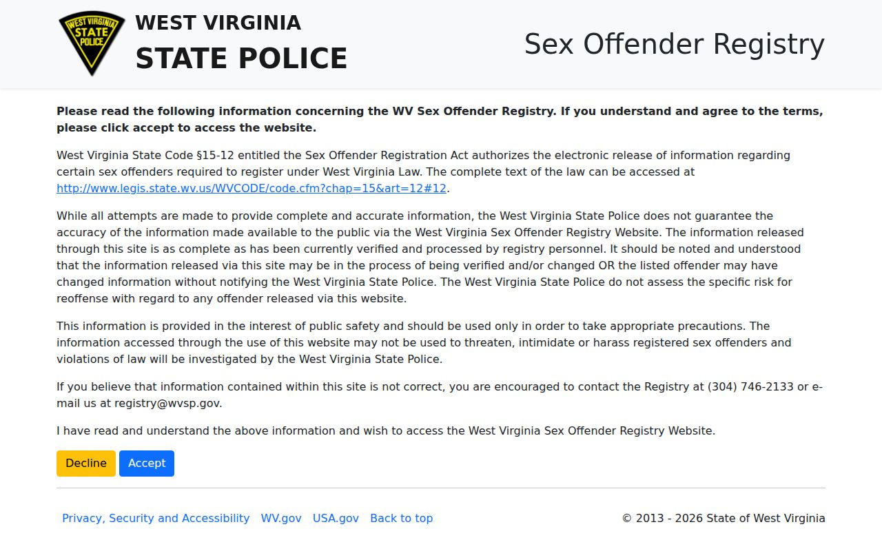 Monongalia County sex offender search West Virginia registry fields
